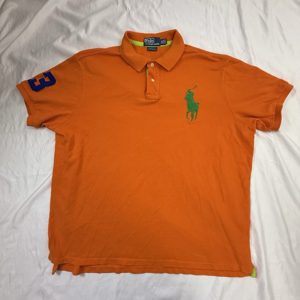 VTG Polo Ralph Lauren Big Pony Polo Shirt XXL Orange Green #3 back Rugby Style